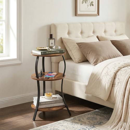 Small Round Side Table with Charging Station, 3-Tier Waist Circular End Table with Storage Shelf, Compact Tea Sofa Side Table Small Spaces, Round Corner Coffee Table for Living Room Bedroon,Brown - color: Rustic Brown, style: USB Charger