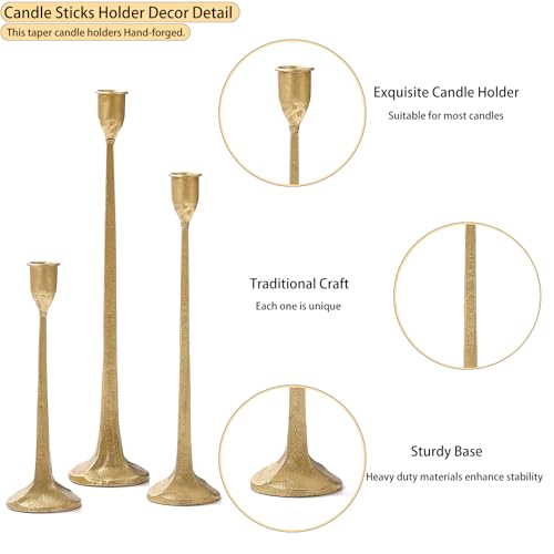 Gold Taper Candle Holders Set of 3, Heavy Candlestick Holders Decorative Candle Stand for Table Centerpiece, Cast Iron Candle Stick Holder Decor - color: Antiqued Gold 4