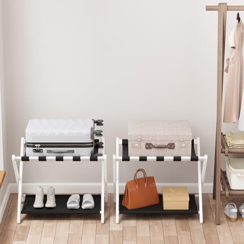 Smuxee White Bamboo Luggage Rack Pack of 2, Foldable Suitcase Stand with Storage Shelf, Easily Assembled Luggage Stand with 5 Nylon Straps for Guest Room Bedroom Hotel - color: White 2PCS