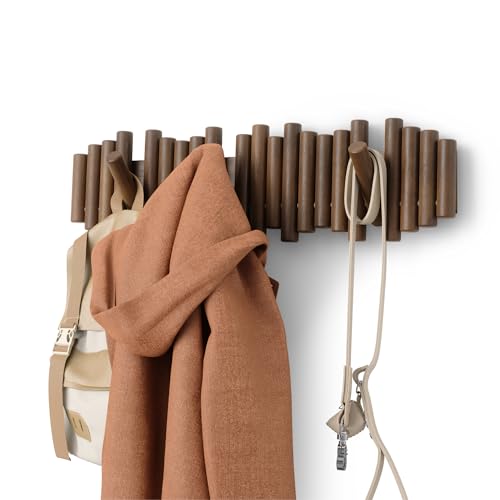 Umbra Picket Coat Rack with 8 Hooks – Walnut Wall-Mounted Coat Rack with Flip-Down Wooden Hooks, Real Pine Wood Decorative Wall Storage for Jackets, Hats, Scarves, Bags, Entryway, Bedroom Living Room - color: Walnut, size: 8-Hook