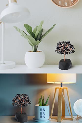 QINJIEJIE Black Obsidian Crystal Tree Healing Crystals Natural Stone Base Gemstone Tree Copper Wire Chakra Tree Life Tree Luck Tree Energy Desk Decor Spiritual Gift Meditation - color: Black Obsidian, size: 5.2 in