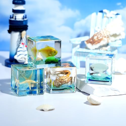 4Pcs Marine Taxidermy in Resin, Interesting Square Marine Microlandscape Specimen Set for Back-to-School Gift Oddities Paperweights Scientific Education Supplies（1.57x1.57 inch） - color: Marine Animals A