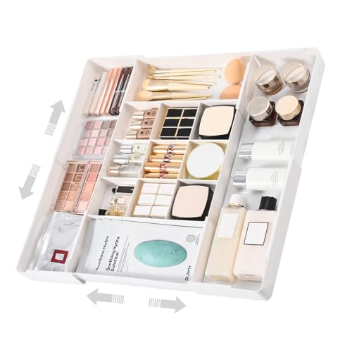 MIUOPUR Expandable Drawer Organizer, Width (10.6"-20.1") Depth (11"-20.1"), Plastic Makeup Drawer Organizer with 6 Removable Dividers, Silverware Organizer, Great for kitchen and Bathroom Drawers - color: White
