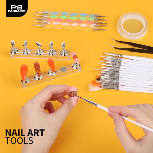 FANDAMEI Nail Art Tools, Nail Brush, 15 PCS Nail Art Brushes, 5 PCS Nail Dotting Tool, Nail Stand, Nail Holder For Painting Nails, Nail Tools, Nail Design Tools, White - color: White