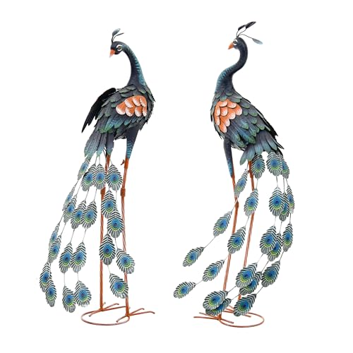 36" Oversized Peacock Decor Set of 2, Hand-Painted Metal Yard Art, Weatherproof Outdoor Garden Statues & Sculptures for Lawn, Flower Beds, Patio, Backyard or Indoor Kitchen & Home Decor - color: 36" -Retro Blue Peacock