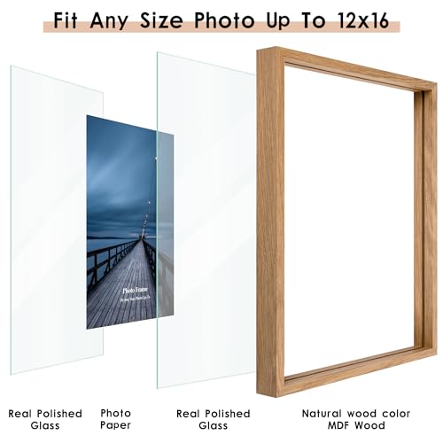 MUYE 12x16 Floating picture Frames Set of 2,Double Glass Frame,Display Any Size Photo up to 12x16,Wall Mount or Tabletop Standing,Natural - color: Natural, size: 12x16