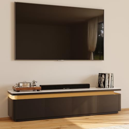 POVISON Fully Assembled 71" Mid-Century Modern TV Stand with LED Lights, White Glossy Sintered Stone Top Media Console for 65 Inch TV, Drop-Down Doors & Drawers, Open Storage for Living Room - color: White & Black, size: 71"