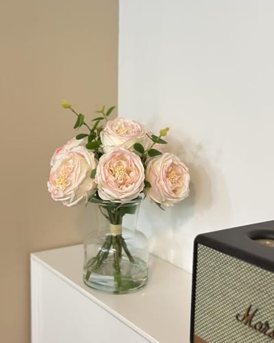 CHASMILE Lifelike Artificial Light Pink Rose Bouquet in Vase - 3D Petals & Stem Design - Table Centerpiece for Wedding, Restaurant, or Home Dining Room - color: Light Pink Simulated Rose With Vase