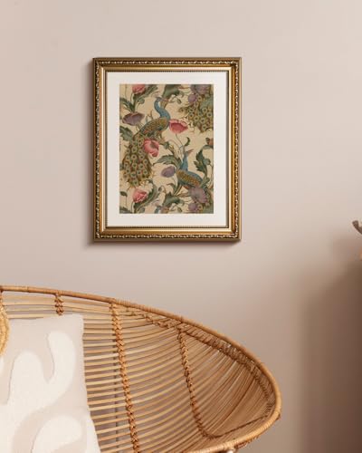 Golden Framed Canvas Wall Art Vintage Peacock, Classic Vine With Poppies Floral Canvas Print Wall Decor, Bird Art Print Wall Hanging 13x16 inch, for Bedroom Bathroom Living Room Decor - color: Peacock, size: 16"L x 13"W