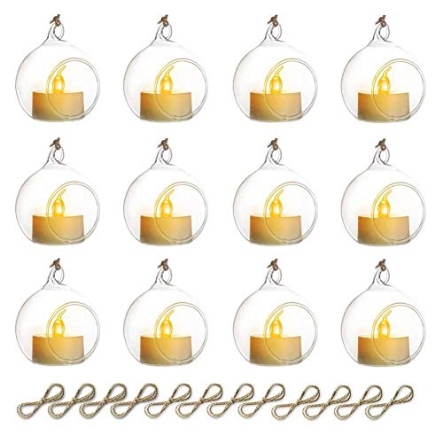 Sziqiqi Hanging Glass Globes Orbs Tea Light Candle Holders with Flameless LED Tealight for Wedding Ornaments, Wedding Birthday Christmas Party Centerpiece Accessory 2.36inch 10pcs +2 Extra - color: With Led, size: 12pcs