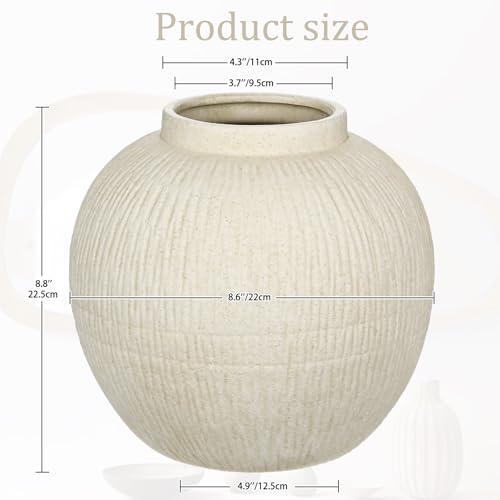 9" Large Rustic Vase with Linear Sculpture and Rich Sand Texture, Round Ceramic Vase with Wide Belly for Space Filling Decor, Retro Style & Beige White - color: 9" Cream White