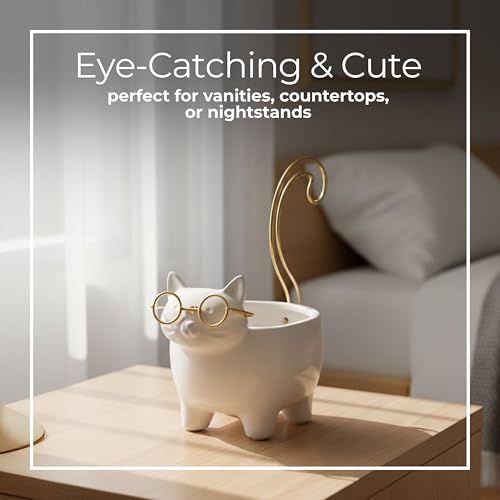 Ceramic Jewelry Dish & Trinket Tray – Ring Dish and Catchall for Everyday Accessories, Vanity or Nightstand Display – Cat Silhouette Decorative Tray Accent, Home Decor – 6", White & Gold - size: 6.0" H
