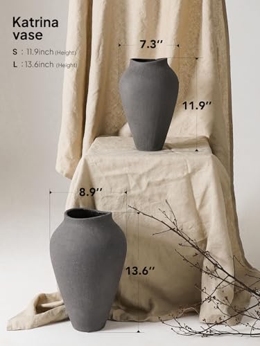 Ceramic Vase - Large 13.6 Inch Tall Floor Vase for Centerpieces, Farmhouse Flower Vases, Rustic Minimalist Home Decor for Living Room, Enterway, Wedding (Sandstone Dark Gray) - color: Sandstone Dark Gray, size: 13.6 Inch