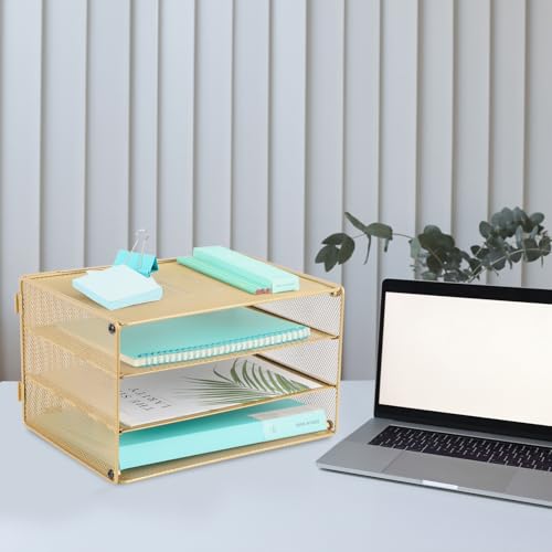 EASEPRES Paper Organizer Tray, 3 Tier Mesh Desk File Organizer Letter Sorter Holder for Home Office, Gold - color: 3 Tier Gold