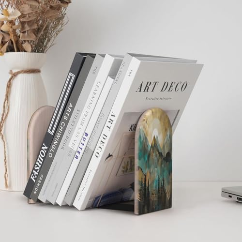 Mountains Sun Tree L-Shaped Book Ends 1 Pair Wood Bookends Landscape Book End Supports for Heavy Book Shelf Holder Home Decorative - color: Mountains Sun Tree