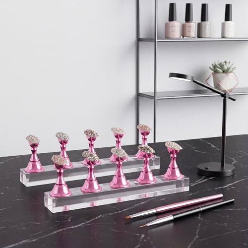 Nail Stands Acrylic Nail Art,Press on Nail Stand Magnetic Nail Tips Practice Holder 54 Pcs Reusable Adhesive Putty for DIY Painting(Pink - color: Pink