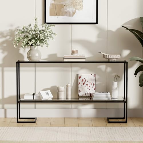Cozy Castle 52" Entryway Table, 2-Tier Narrow Console Table with Tempered Glass & Sturdy Metal Frame, Modern Sofa Table with Storage Shelves for Entryway, Hallway, Foyer, Living Room, Black - color: Black Metal Frame