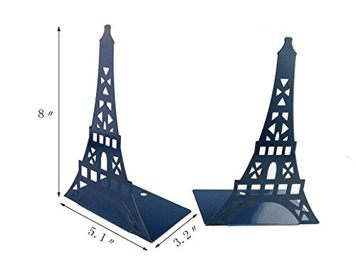 One Pair Creative Paris Eiffel Tower Book Organizer Metal Bookends for Kids School Library Desk Study Home Office Decoration Gift (Blue) - color: Blue