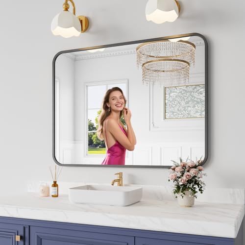 Koonmi Bathroom Mirror, 30X40 Inch Black Metal Framed Mirror for Bathroom, Tempered Glass, Anti-Rust, Rounded Rectangle Mirror for Restroom, Bedroom, Black - color: Rounded Edged, size: 40"L x 30"W