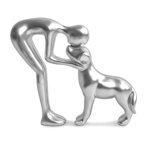 Cute Pet Sculpture Home Decor Man and Dog Statue Decoration for Office、Living Room、Bedroom、Home， Memory Gifts for Dog Lovers (Silver) - color: Silver
