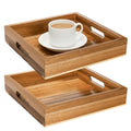 YOUEON Set of 2 Acacia Wood Serving Tray with Handles, 10x10x2 Inch Decorative Serving Trays for Food, Ottoman Tray, Square Coffee Table Trays for Dinner, Coffee, Wine, Appetizer