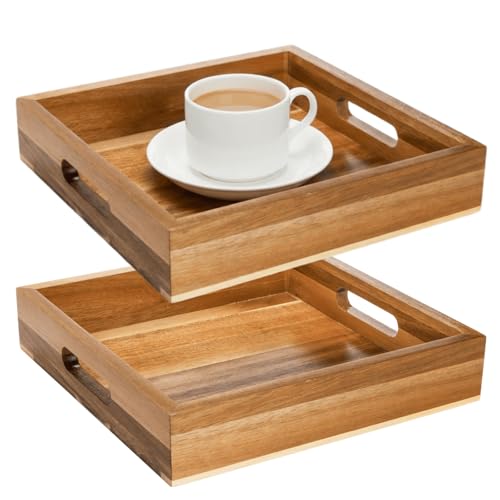 YOUEON Set of 2 Acacia Wood Serving Tray with Handles, 10x10x2 Inch Decorative Serving Trays for Food, Ottoman Tray, Square Coffee Table Trays for Dinner, Coffee, Wine, Appetizer
