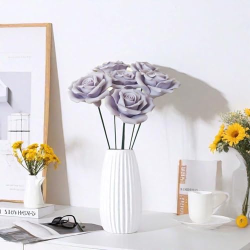Handmade Porcelain 3D Ceramic Rose Flower, Eternal Flower Decoration for Home Office Decor, Creative Desktop vases, Porcelain Decorations, Exquisite, Set of 6 (Purple) - color: Purple