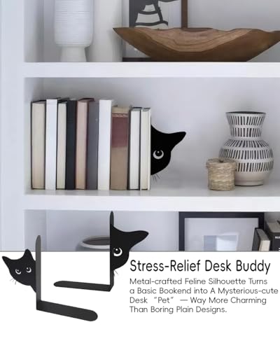 Metal Cat Bookends, 1 Pair Cute Cat Bookends for Shelves Decorative for Home Office Desk Bookshelf Decor (Black,Full-face) - color: Cat-half-face