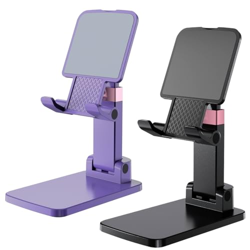 Phone Holder for Desk Cell Phone Holder Height Angle Adjustable Stands, Anti-Slip Base, Compact Design for iPhone Android Devices,Black,2Pack - color: 06-Black&Purple