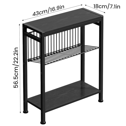 End Table for Small Space, 3-Tier Narrow Side Table with Magazine Holder, Nightstand, Skinny Snack Couch Table in Living Room, Bedroom Study and Balcony (Black) - color: Black