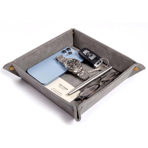 CoBak Leather Valet Tray for Men, Premium PU Leather Catch-All Tray for Entryway Table Key, Phone, Wallet, Coins & Jewelry, Bedside Nightstand Desk-top Catchall (Gray) - color: Gray