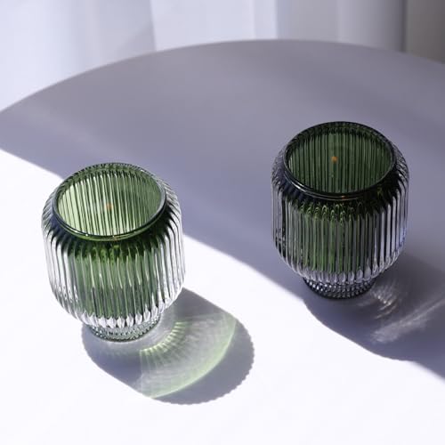 Woho Green Votive Candle Holders Set of 2(3.5" H x 3.1" W), Ribbed Tealight Candle Holder Vintage for Christmas Dinner Table, Reversible Tea Lights Candle Holder Glass for Living Room Home Decor - color: Green