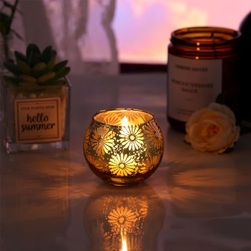 Gold Mercury Glass Votive Candle Holders Set of 12, Round Tealight Candle Holders Bulk for Table Centerpieces, Weddings, Shower Gifts, Christmas, Halloween Party Decorations - color: Gold