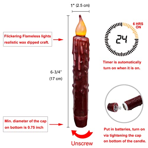 CVHOMEDECO. Real Wax Hand Dipped Battery Operated LED Timer Taper Candles Country Primitive Flameless Lights Décor, 6-3/4 Inch, Burgundy, 3 PCS in a Package - color: Burgundy 3 PCS