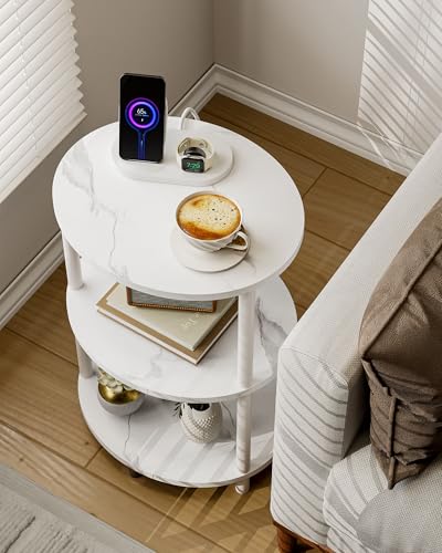 Small Round Side Table - 3-Tier Oval Accent Table for Small Spaces, Rustic Wood and Metal Nightstand for Living Room or Bedroom, with Built-in USB Ports and Power Outlet, Marble White - color: Marble White, size: 1-Pack, style: Includes Power Outlets