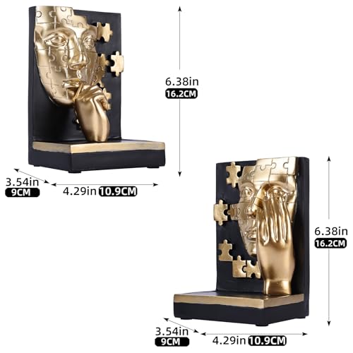 Gold Thinker Bookends,Abstract Face Resin Book Ends with Puzzle Pattern,Modern Decorative Book Stoppers for Shelf,Desk & Office Decor,Heavy Duty Non-Slip,Set of 2 (Set A)