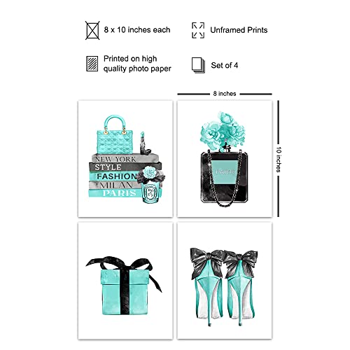 Blue Glam Wall Art - Designer Perfume, Shoes, Handbags - High Fashion Design Gift for Fashionista - Luxury Couture Wall Decor Poster Print Picture Set for Women, Girls Bedroom, Teens Room - size: 8x10