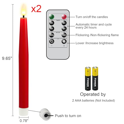 GenSwin Flameless Taper Candles, Set of 2 Red LED Taper Candles Battery Operated with Remote Timer, Real Wax Flameless Candlesticks with 3D Flame for Home Wedding Party Holiday Decor (0.78” x 9.65”) - color: 2-Red