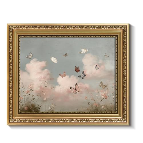 InSimSea Vintage Gold Framed Wall Art for Living Room, Butterfly Cloud Nursery Wall Decor, 8x10 inch Small Field Landscape Canvas Prints for Bedroom Shelf Gift, Home Farmhouse Decor - color: Butterfly Realm, size: 10"L x 8"W