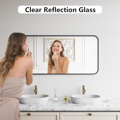 Koonmi Bathroom Mirror, 24X48 Brushed Black Metal Framed Wall-Mounted Mirror for Over Sink, HD Tempered Glass, Anti-Rust, Rounded Rectangle Mirror for Restroom, Bedroom, Hangs Horizontal or Vertical - color: Rounded Edged, size: 48"L x 24"W