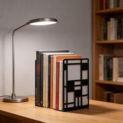 Metal Bookends for Shelves, Black Abstract Art Design Book Ends for Heavy Books, 1 Pair, 6.42x4.72x3.94 Inch, Anti-Slip Heavy Duty Book Dividers