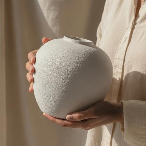 White Ceramic Vase 7.9 inch Round Minimalist Leak-Proof Vases for Flowers with Soft Pads, Modern Farmhouse Decor for Living Room