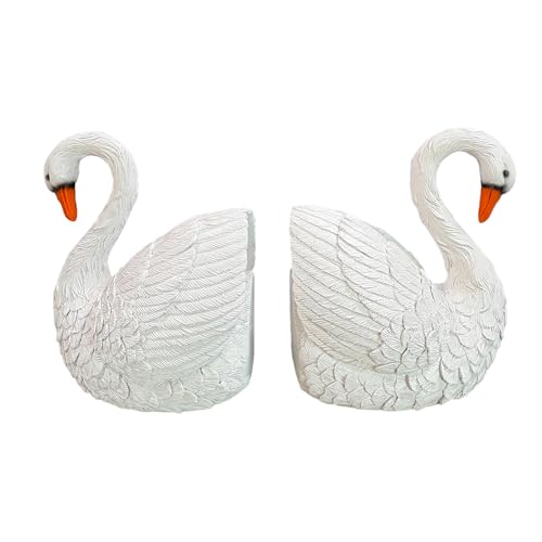 SSwan Book Ends Decorative Bookends for Shelves, Elegant Swan Bookends for Bookshelf Decor, Animal Decorative Book Stoppers for Home Office - color: Swan-white