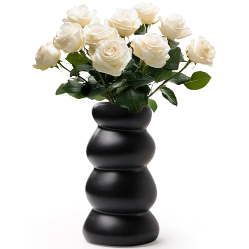 BosilunLife Ceramic Vase with Stacked Bubble Design – Boho Modern Sculptural Flower Vase for Home Decor, Shelf or Table Centerpiece (Black) - color: Black