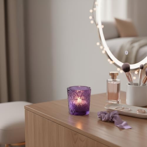 6 Pack Mandala Embossed Glass Candle Holders – Votive Tealight Holders with Patent Design, Decorative Embossed Glass Cups for Wedding Centerpieces, Parties, and Home Décor (Amethyst Bloom) - color: Amethyst Bloom