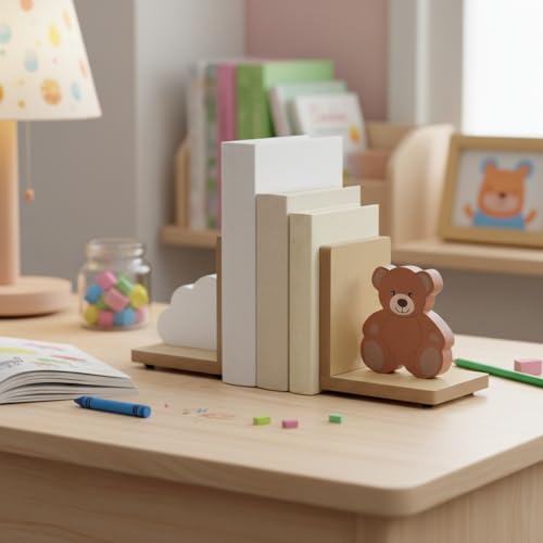Harloon 2 Pcs Animal Bookends for Kids Wooden Decor Safari Bookends Decor for Girl Children Bedroom Home (Cloud Bear) - style: Cloud Bear
