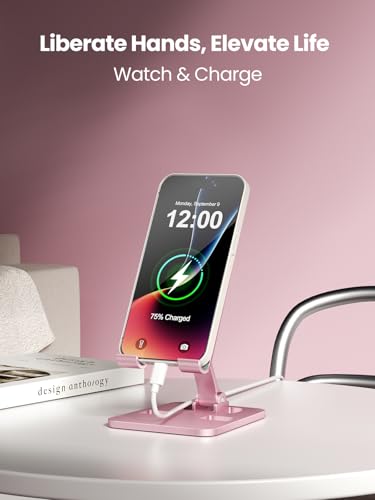 Phone Stand for Desk, Dual Folding Cell Phone Holder, Fully Adjustable Portable Mobile Phone Holder for iPhone 17 16 15 14 13 12 11 Pro Max Plus Air, Galaxy S25 S24, All Phones (Rose Gold) - color: Rose Gold