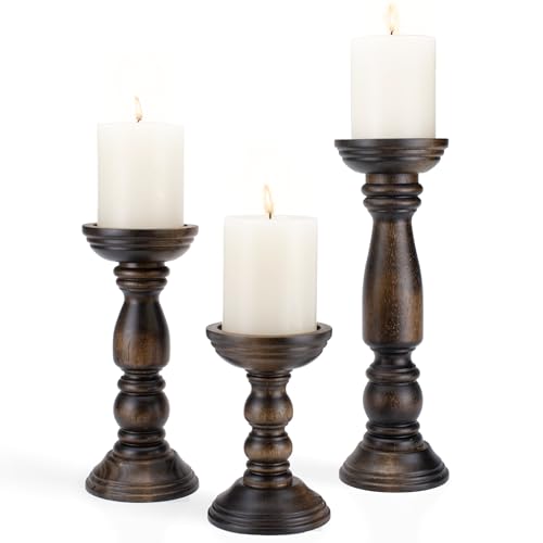 Farmhouse Wooden Candle Holders for Pillar Candles Set of 3, Rustic Wood Candle Holder Table Centerpiece Decor, 12'' 9'' 6'' Vintage Tall Candle Stand Decorative, Dark Brown - color: Vintage Brown