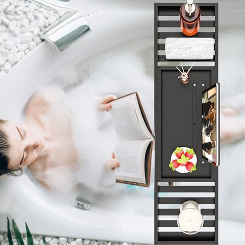Bathtub Tray Black - Bath Tray Expandable - Bath Table Trays for Bathtub/Tub,Premium Bamboo Wooden, Fits Most Bath Tubs - color: Dark Black
