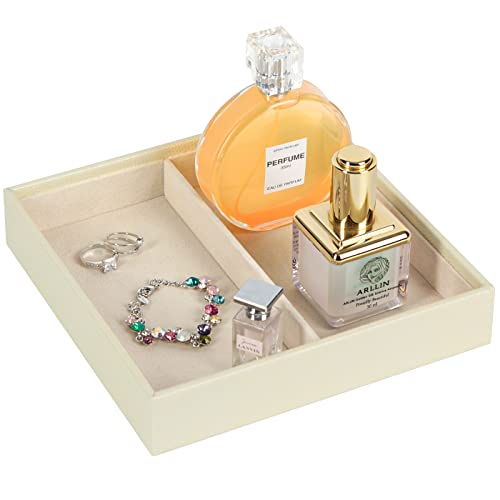 JACKCUBE Design Leather Valet Tray, Catchall Storage Women Vanity Nightstand Tray for Keys, Phones, Jewelry, Makeup, Perfume, Watches (Ivory) - MK1092B - color: Ivory- 2 Compartment